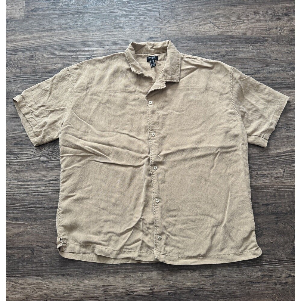 Forever 21 Mens XXL Tan Textured Camp Collar Shirt Short Sleeve Button Front